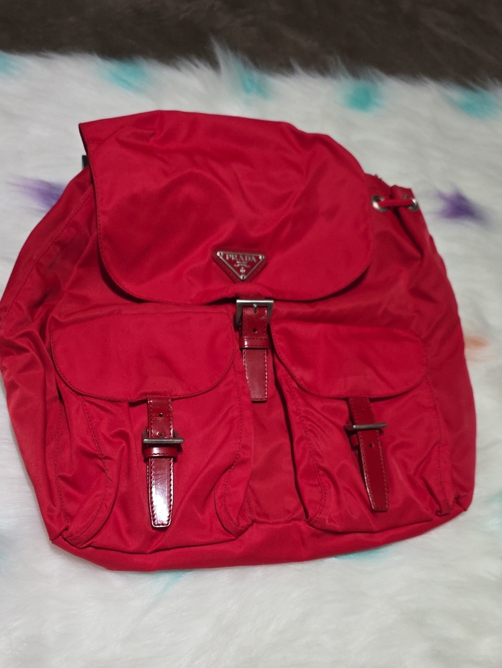 Prada Red Nylon Drawstring Backpack with Front Pockets